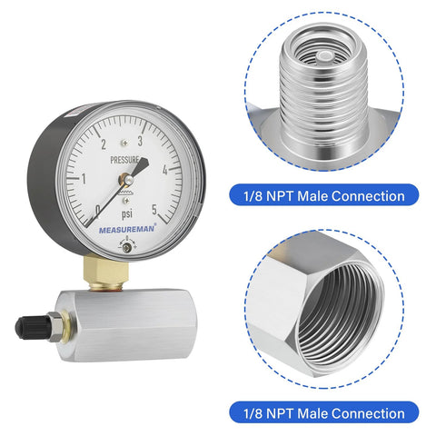 Measureman diaphragm-type capsule low-pressure gauge with valve, 2.5 in dial, 0-5 psi, 1/8 NPT male connection.