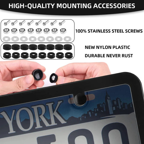 Close-up of high-quality mounting accessories including stainless steel screws and nylon caps for 2 Pack Smoked License Plate Covers And Frame Shield Combo For Cars Slick Durable Unbreakable Tinted Cover Bubble Design Plate Holder With Screws And Caps Fits All Standard US Plates Black.