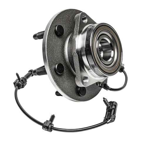 4WD Front Wheel Bearing Hubs Replacement Set For Chevy GMC Silverado Sierra Avalanche Yukon XL Suburban Tahoe Escalade ESV EXT Beefed Up Hubs For AWD 4x4 Models, close-up view with wiring
