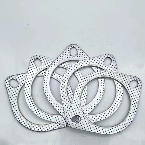 Five 3-inch exhaust gaskets with perforated metal for 2-bolt muffler flange, high-temperature automotive parts.