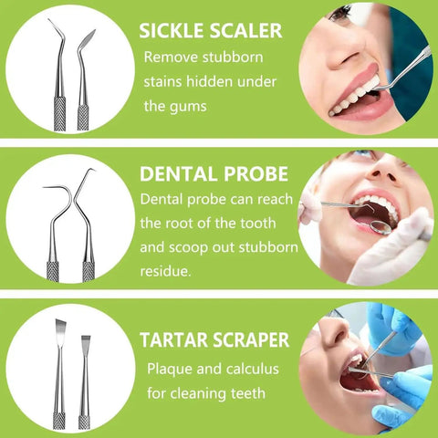 Pro At Home Dental Cleaning Kit With Stainless Steel Dental Pick And Tartar Remover features sickle scaler, dental probe, tartar scraper.