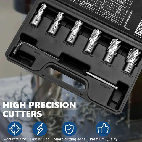 Annular Cutter Set for Magnetic Drill Press 8 Piece HSS High Speed Steel Bits with Weldon Shank in open case
