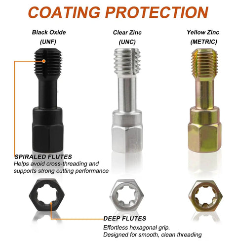 Black oxide, clear zinc, yellow zinc thread chasers with hexagonal ends for UNC, UNF, metric bolts, nuts, and screws