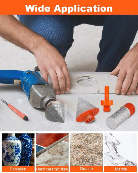 Pro Grade 3 Piece Diamond Beveling Chamfer Bit Set With 5 8 11 Thread Adapter for tile, marble, and glass grinding and trimming