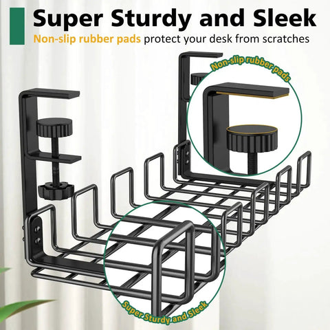 Under Desk Cable Management Tray No Drill Easy Install Steel Wire Organizer with non-slip rubber pads, front view