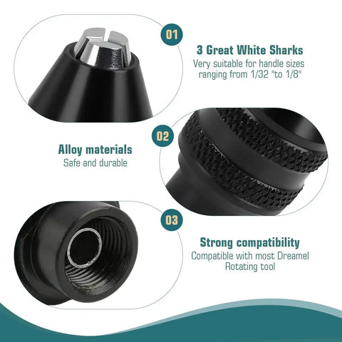 Pro Grade Drill Chuck Collet Set for Dremel Rotary Tools, showing three key components and features with text highlights.