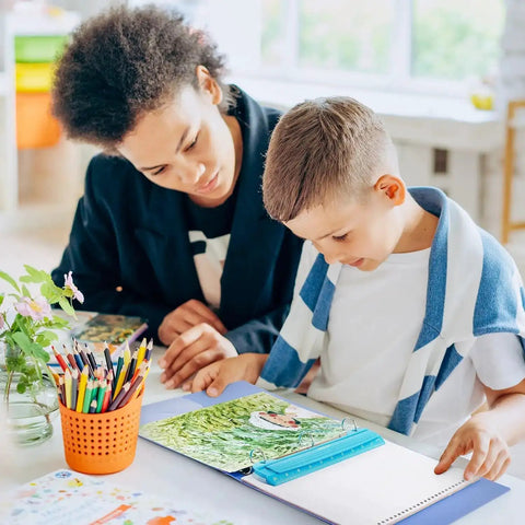 Child using Blue 3 Ring Hole Puncher For Binders, Portable Metal Paper Punch, Handles Up To Five Sheets, with ruler at study desk