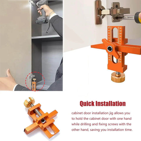 All Purpose Aluminum Cabinet Door Mounting Jig With Adjustable Positioner For Quick Frameless Or Face Frame Cabinet Door Installations In Bright Orange Ideal For Diy Enthusiasts And Pros To Get Perfect Precise Results used in cabinet installation.
