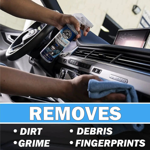 Person using Total Interior Cleaner And Protectant For Leather Vinyl Plastic Glass Rubber on car dashboard with cloth