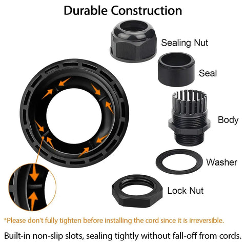 Components of PG16 Cable Glands Set, 20 Pack, with waterproof nylon joints, gaskets, sealing nut, seal, body, washer, and lock nut.
