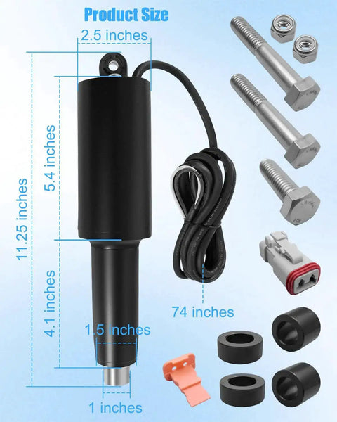 Beefy 12 Volt Boat Trim Tab Actuator With Two And A Quarter Inch Stroke And Three Eighths Inch Mounting Hardware Fits Lenco XD Series Electric Trim Tab System Extreme Duty Marine Kit with detailed measurements and components shown.
