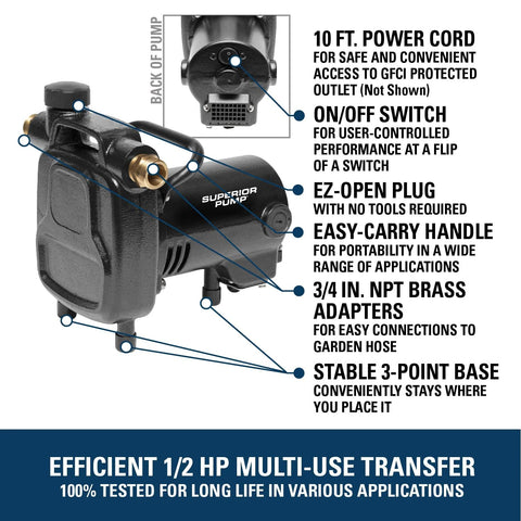 Superior Pump 90050 transfer pump, black, with 3/4 in. NPT brass adapters and easy-carry handle