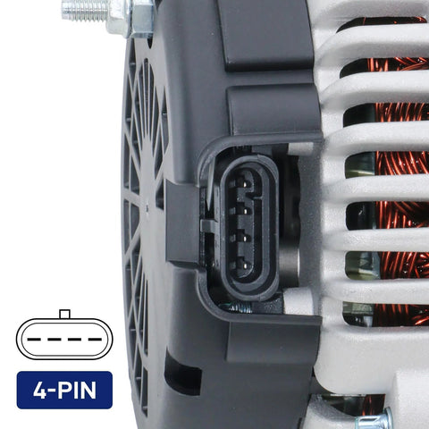 Close-up of 4-Pin Alternator Replacement For 99-07 Silverado 1500, 02-06 Avalanche, showing connector and cooling vents.