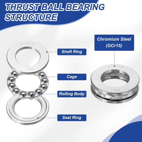 Thrust ball bearing 51101, 12x26x9mm, 4 pcs, chromium steel GCr15; exploded view with shaft ring, cage, balls, seat ring