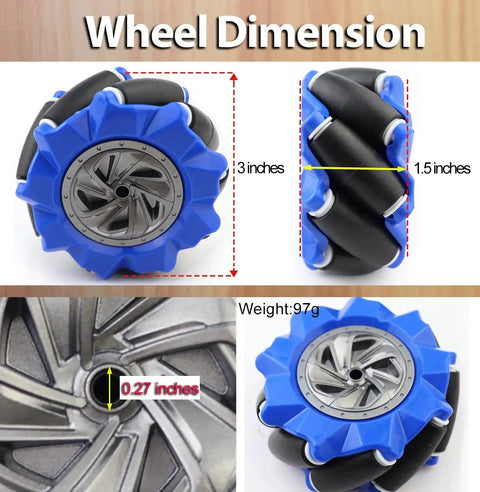 4WD Mecanum Wheel Smart Car Chassis Kit wheel dimensions showing 3-inch diameter, 1.5-inch width, 97g weight for Arduino R3 R4 projects