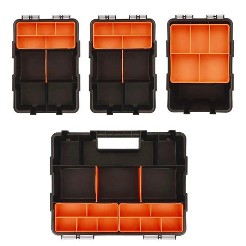 Four Piece Hardware And Parts Organizer Set With Tough Compartments In Multiple Sizes For Easy Tool Storage And Drawer Organization Built For Home Garage And Workshop Use, showing four black organizers with orange adjustable dividers.