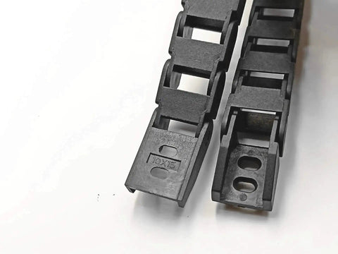 Black Reinforced Nylon Drag Chain Cable Carrier For CNC Machines close-up, 1 Meter Length, Internal Size 10x15 mm, External Size 13.5x24.5 mm