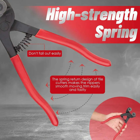 Glass Tile Nippers 7 Inch Heavy Duty Wheeled Glass Mosaic Nipper With Soft Rubber Handle For Stained Glass And Ceramic Tile Projects Includes Two Replacement Blades And Allen Wrench, showing anti-slip grip and spring-return mechanism.