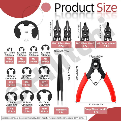 312 Pcs Snap Rings Kit With C Clips And E Clips Manganese Steel Retaining Ring Set M4 To M28 And 1.5 To 10mm size chart with tools