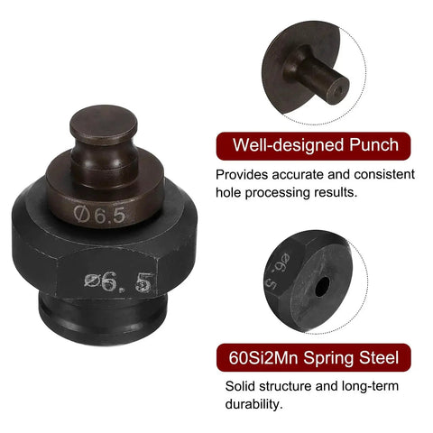 Close-up of 6.5mm Hydraulic Hole Punch Die, 60Si2Mn spring steel, for MHP 20, burgundy and black, part of Heavy Duty Hydraulic Hole Punch Die Kit.