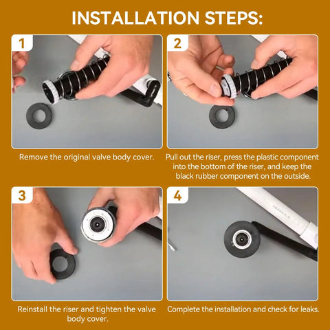 Sprinkler head check valve installation steps collage; black ribbed riser, gray gaskets, and white fittings.