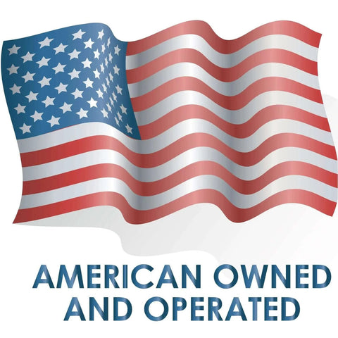 Illustration of an American flag with text 'American Owned and Operated' below