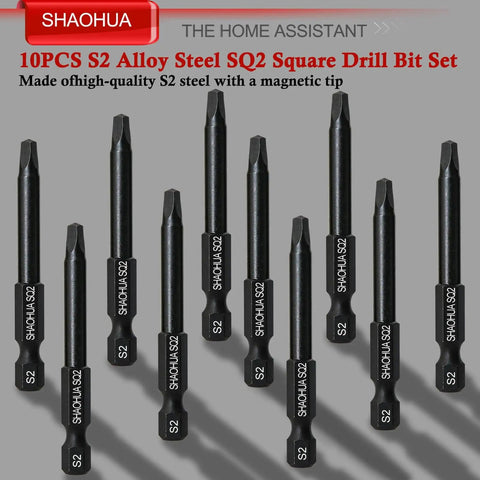 Pro Grade 11 Piece Square Drive Bit Set With 10 Number Two Square Bits And One Quarter Inch Magnetic Hex Shank Driver Two Point Three Inch Long SQ2 Alloy Steel Bits For Pocket Hole Jigs And Impact Drivers front view