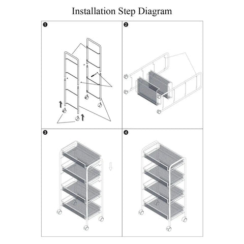 Installation diagram for 4 Tier Rolling Utility Storage Cart On Wheels In White Carbon Steel With Epoxy Coated Finish.