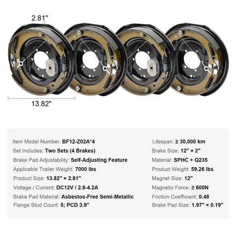 VEVOR electric trailer brake assemblies, four units, two left two right, 12x2 inches, self-adjusting for 7000 lb, front