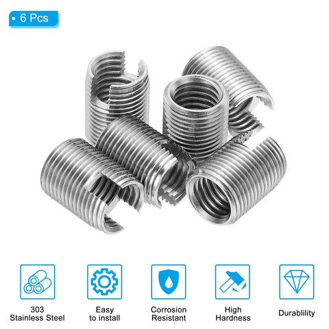 Six stainless steel self-tapping threaded inserts, M14–M18, 24mm long, slotted sleeves for screw repair.