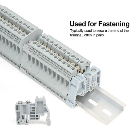 30 Piece DIN Rail Terminal Block End Stopper Brackets For 35mm Wide Guide Rails End Terminal Fixing Blocks Fasteners Gray PA6 Insulated Material Super Tough Heavy Duty High Temp Resistant And Corrosion Proof shown installed on rail