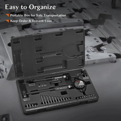 Open case of Digital Dial Bore Gauge Set 0.7 to 6 Inch Range with 150mm Depth and 23 anvils, displayed on industrial surface