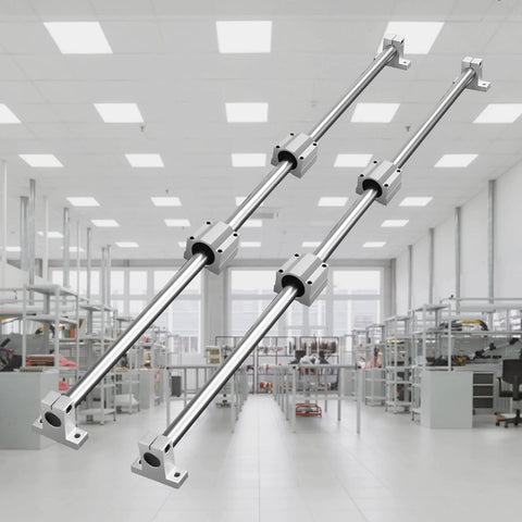 Angled front view of two SFC20 linear rails with four SC20 slider blocks and end mounts in a workshop