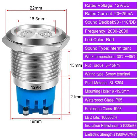 2 Pack DC 12V 19mm Waterproof IP65 Red LED Flash Indicator Light With Buzzer 90dB Alarm Built Tough Stainless Steel Panel Mount
