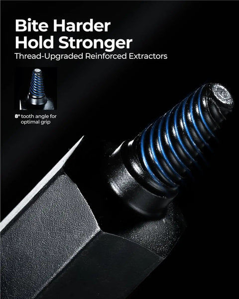 Close-up of a thread-upgraded reinforced extractor from a 15 Piece Impact Screw Extractor Set For Stripped Bolts And Damaged Screws, Bolt And Nut Remover Socket Tool Kit, Heavy Duty Extraction Kit With Beefy Torque And Quick Grip For Slippage Free Removal.