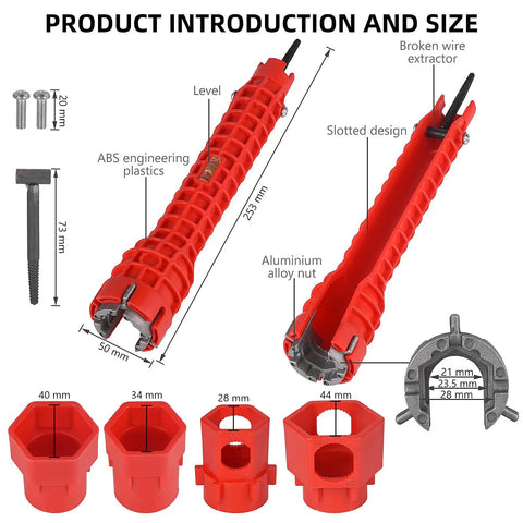 All In One 14 In 1 Sink Wrench Kit For Toilet Faucet And Kitchen Plumbing Installations And Repairs components and dimensions