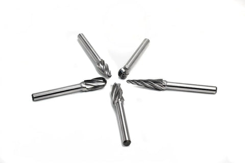 Five-piece Aluma Cut Carbide Rotary Burrs Set with 1/4 inch shank for die grinder and drill, suitable for aluminum metal carving.