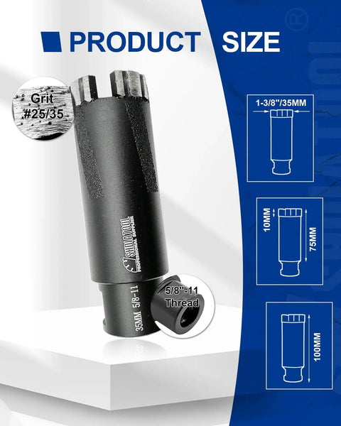 Diagram of One And Three Eighths Inch Diamond Core Drill Bit For Dry Or Wet Drilling In Granite Marble Concrete Brick Laser Welded 35mm Diameter, 100mm Total Length, Five Eighths Inch 11 Thread, with size details.