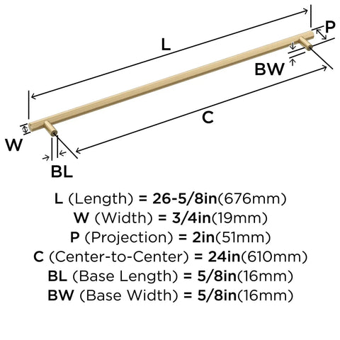 Diagram of Champagne Bronze 24 Inch Center-To-Center Appliance Pull, showing dimensions and specifications for kitchen hardware.