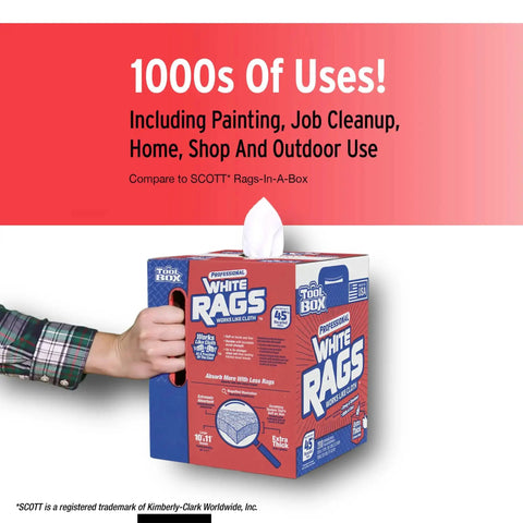 Person holding Professional White Rags Center Pull Box 200 Sheets 11 X 10 Inches Made In USA Ultra Absorbent For Painting, Cleaning