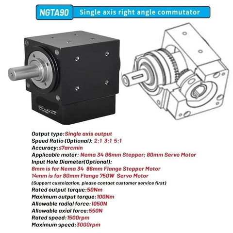 Right Angle Planetary Gearbox With Seven Arc Minute Precision Commutator For 80 Servo And Nema 34 Stepper Motors, diagram included