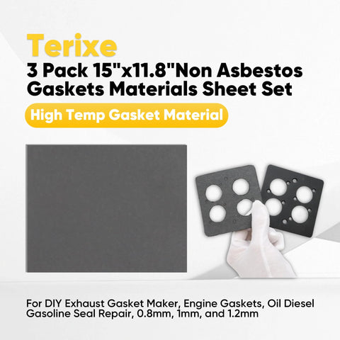 Terixe 3-pack gasket sheets, 15x11.8 in, non-asbestos high-temp material; gray sheet with black gaskets