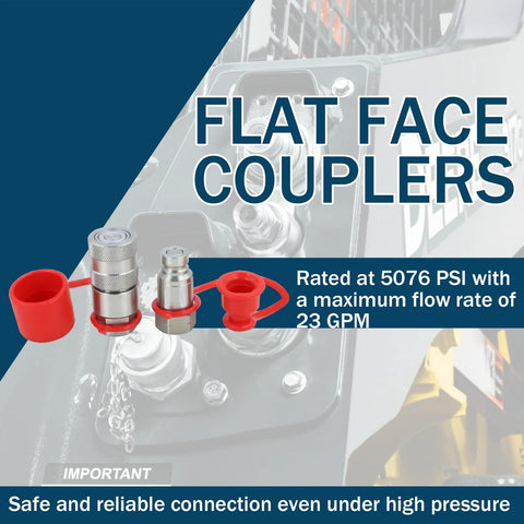 1/4 in skid-steer flat-face hydraulic quick-connect couplers with red dust covers and metal bodies