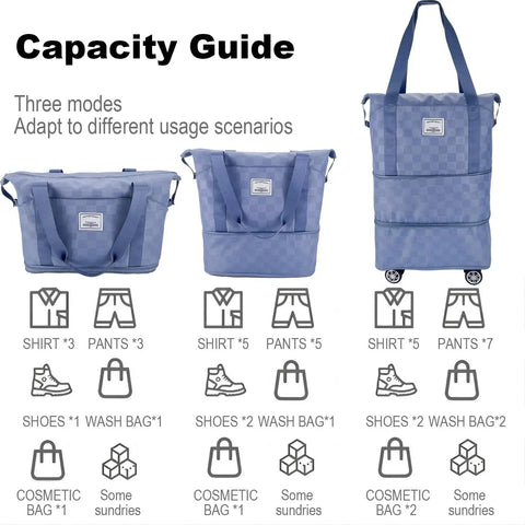Capacity guide showing Expandable Foldable Duffel Bag Suitcase With Detachable Rolling Wheels Three In One Design in Checkerboard Blue