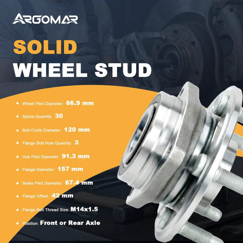 Two Piece Front And Rear Wheel Bearing Hub Assembly For Five Lug GM Vehicles Including Impala Equinox Camaro Lacrosse Regal Terrain Malibu XTS CTS Cadillac 2010s Ensures Smooth Rotation And Long Lasting Performance, close-up view of metal wheel hub with specifications on side.