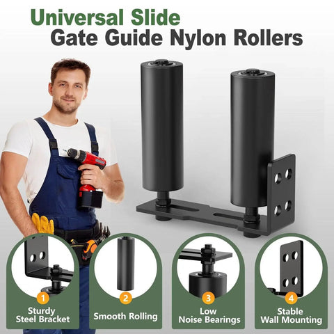 Heavy Duty Sliding Gate Roller Hardware Kit With Steel Wall Mount Bracket And Nylon Roller Guide For Rolling Doors Garage Gates And Wood Gates Adjustable Bracket For Precise Alignment Black Finish 6 Inch shown with installer holding tools