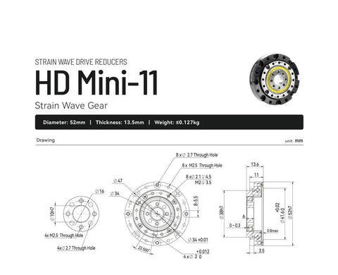Technical drawing of HD Mini-11 strain wave gear, 52mm diameter, 13.5mm thickness, for Strain Wave Gearbox Motor 100 To 1 Low Backlash Reducer.