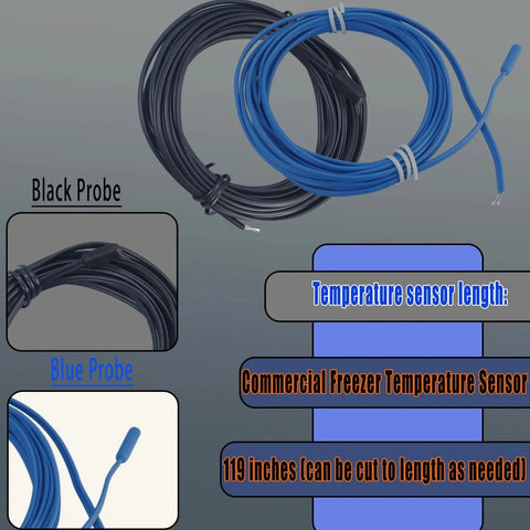 2-Pack Heavy Duty Commercial Freezer Temperature Sensor With 119 Inch Cable That Can Be Cut To Length Black And Blue Durable Insulation