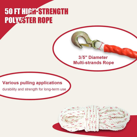 One and a Half Ton Rope Puller With 50 Ft 0.6 In Rope Two Hook Come Along Winch showing polyester rope and hook