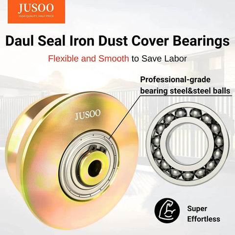 Close-up of Jusoo dual seal iron dust cover bearing with steel balls, showing professional-grade steel and smooth design.